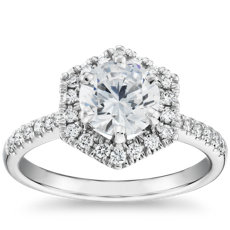 Hexagon Diamond Halo Engagement Ring in 14k White Gold